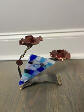 Gary Rosenthal Candle Holder Judaica Blue Glass Mixed Metals Sabbath Flowers picture