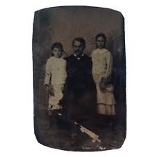 Dad & His Daughters Tintype c1886 Antique Single Father 1/6 Plate Photo A4493 picture