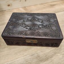 Vintage Wooden Hand Carved Rectangle Trinket Jewelry Box 9x6.5 Lined Geometric picture