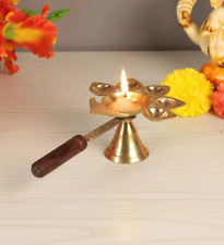 Brass Panch Aarti With Wooden Handle Oil Lamp for Puja and Festival Decoration picture