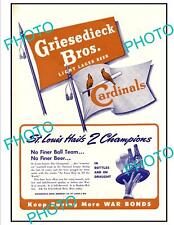 OLD LARGE HISTORIC POSTER ST LOUIS CARDINALS 1944 BASEBALL W/S, GRIESEDIECK BEER picture