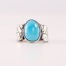 OLD PAWN STERLING SILVER BLUE TURQUOISE APPLIED LEAF MOTIF RING SIZE 7.75 picture