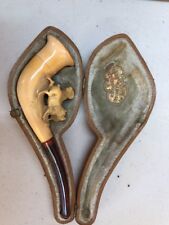 RARE 1800's Antique Meerschaum Pipe with Case 2 Dogs Terrier picture