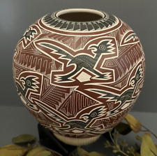 Mata Ortiz Pottery Humberto Pina Roadrunner Carved Hand Painted Olla Pot Jar Art picture