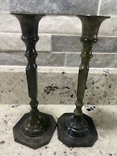Three Hands Corp Set Of 2 Green Marblized Metal 9” Candle Holders  picture