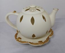 Partylite P7301 Tea Time Teapot Tealight Candle Holder Cream Gold Bisque Ceramic picture