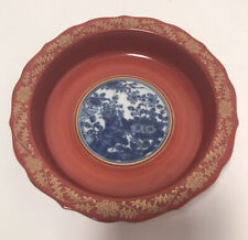 VINTAGE CHINESE RED BOWL SCALLOPED WITH BLUE AND WHITE J&L JAPAN STICKER Signed picture