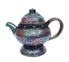 Tibetan Turquoise Coral Stone Tea Pot Kettle Water Metal Vessel Buddhist Nepal picture