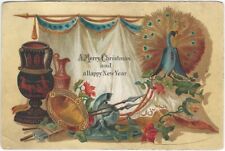 Merry Christmas Happy New Year Fancy Victorian Chromo Card Peacock Vase Curtains picture