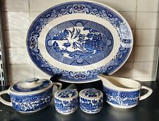 Vintage Blue Willow Ware Royal China Sugar Bowl w/ Lid & Creamer , S&P, Platter picture