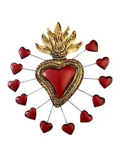 Tin HEART with Hearts, Mexican SACRED Heart, Red Gold Corazon picture