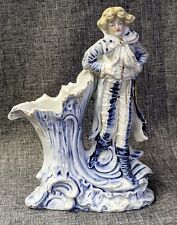 Porcelain Colonial Man Figurine Blue White Gold Trim Decor Bud Vase 5.5