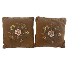 2 VTG Velvet Pillows Floral Embroidered Brown 13” Throw Pillows w Piped Edges picture