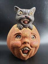 Vintage Style Ceramic Pumpkin with Black Cat Halloween Decor 9in tall picture