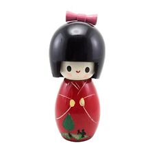 Vtg Japanese Kokeshi Wooden Girl Doll 5” Red Kimono Pink Bow Adjustable Head picture