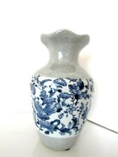  Vintage Rafle Vase Asian Blue & White Bird/Flowers Porcelain Gray Crazed 10