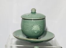 Vintage Korean Celadon Crackle Glaze Lotus Flower Covered Tea Cup and Saucer Set picture