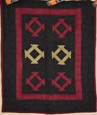 Authentic Vintage Amish Churn Dash / Monkey Wrench Crib Quilt, Black Background picture