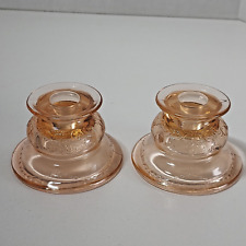 Pair Of Pink Federal Depression Glass Candle Holders Madrid Pattern 2.25