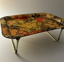 Vintage FLORAL MCM TV Table Bed Lap Tray Metal Folding Legs -Aluminum picture