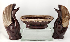 Vintage SWAN CONSOLE SET Rockingham Pottery- Mantle Entry Brown Drip 50's MCM 9