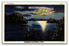 Greetings from Eastport MI Michigan Silver Moon Night View Lake Linen Postcard picture