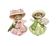 Vintage 2 Girl Figurines Pink & Green Made In Japan 4”H (G) picture