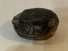 Vintage Likely Egyptian Metal Scarab Form Paperweight w/ Animal & Hieroglyph Dec picture