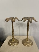 Vintage Pair of 8.5” Tall Solid brass Palm tree taper Candle Holders w/Patina picture
