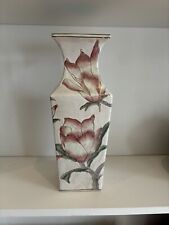 Vtg Pink Floral Chinese Vase Hand Painted in Macau 14 inches picture
