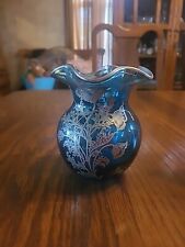 Peacock Blue Hand Blown Glass Vase Sterling-on-Crystal Silver City Poppy Overlay picture