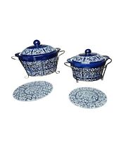 Temp-Tations Carved Medallion Blue Covered Dishes/Wire Racks~2.5 & 1 Qt~2 Trivet picture