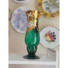 Vintage Czech Art Glass Floral Vase Emerald Green Glass Gold Flowers picture