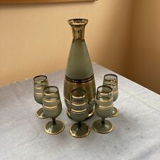 Vintage Frosted Smoke With Gold Accents Decanter w/5 Matching Glasses No Stopper picture