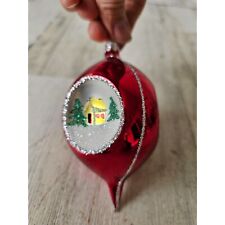 Radko country scene indent house tree red glitter teardrop ornament rare Xmas tr picture
