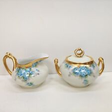 Antique Limoges Hand Painted Floral Blue Gold Trim Cream and Sugar Set. picture