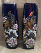 Kutani Cobalt Blue Interpur Oriental Decorated Vase SET OF 2 Pheasants Pattern picture
