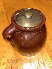Antique Brown Stoneware Bean Pot With Lid 1 Handle  picture