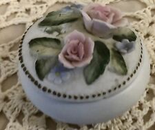 VTG Round ceramic trinket ring box with white & pink flowers green leaves  picture