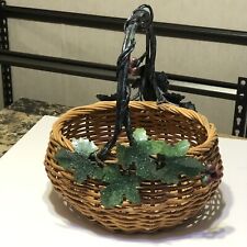 Vintage Cane Basket With Wrought Iron With Red Chestnut And Greeny11'' 9'' 9'' picture