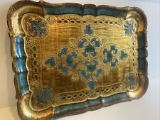Vtg Italian Florentine 14” x 10.5”Gilded Blue Gold Gilt Ornate Tray Italy Vanity picture