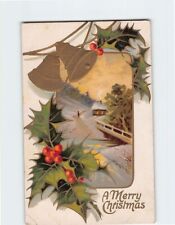 Postcard A Merry Christmas with Bells Hollies Embossed Art Print picture