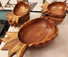 Vintage 9-Piece Hardwood Hawaiian Pineapple Carved Wood Serving Salad Bowl Kit picture