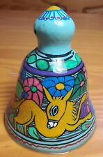 Mexican Folk Art  Terra Cotta Clay Bell Hand Painted and Colorful Donkey picture