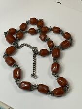 Bakelite Deep Caramel Brown Faceted Bead Vintage 32” Necklace Silver Chain picture