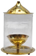 OM SHRI OM Pure Brass Indian Oil Lamp Akhand Diya Glass Stand Deep Diwali picture