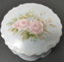 VTG PALE BLUE HAND PAINTED PINK ROSES TRINKET PORCELAIN BOX W/LID SIGNED BY ART picture