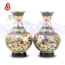 10″ Exquisite copper Cloisonne enamel vase pair dragon phoenix big flower bottle picture