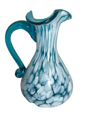 Beautiful Vintage Blue & White Marbled Glass Small Handled Pitcher Ewer Vase  picture