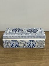 Vtg Blue & White Double Happiness Lidded Trinket Box picture